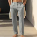 Men's solid color linen casual straight trousers with slanted pockets for summer street style. - S / Light Gray
