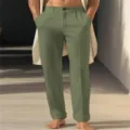 Men solid color casual linen straight trousers breathable street style slant pocket pants - Green
