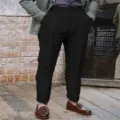 Men's casual black linen trousers with slant pockets, comfortable breathable daily wear. - S / Black