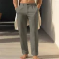 Men casual breathable linen trousers straight leg solid color pants detail view now - S / Dark Gray