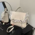 Schicke beigefarbene PU-Leder-Schultertasche mit Spitzenbesatz und süßer Schleife für den Alltag. - Rosa