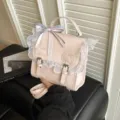 Pink PU sweet Lolita backpack, cute lace bow design, versatile daily commuter bag. - White With Pendant