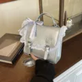 Silver PU leather mini satchel bag with lace trim sweet bow design casual cute purse - Silver with Charm