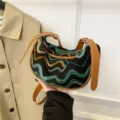 Stylish knitted striped dumpling shoulder crossbody bag for women, ethnic trendy casual purse. - Wave Black