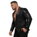Detail view of men black sequin blazer, peak lapel party suit jacket for stage performance event. - S / Black