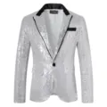 Men's silver sequin blazer disco party jacket with black lapel single button outwear - S / Silver