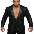 Close-up detail of the black sequin men blazer with satin peak lapel and single button style. - S / Tops / Black
