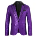 Men's purple sequin blazer black lapel single button disco party suit jacket stylish - Purple