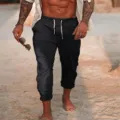 Mens casual summer cotton linen drawstring beach pants loose solid color trousers detail view - S / Black