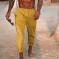 Pantaloni estivi casual da uomo in lino tinta unita con coulisse comodi e larghi - Giallo