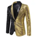 Detail view of men's black and gold split color sequin blazer jacket for party performance. - S / Tops / Gold