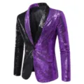 Detailed view of the men's black and purple split sequin suit jacket with contrast shawl lapel. - Purple