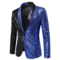 Close-up detail view of men's color-block black and blue sequin blazer with classic shawl lapel. - S / Tops / Blue