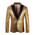 Men's gold sequin blazer detail view featuring a classic black lapel and single button closure for formal events. - XS / Tops / Gold