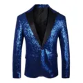 Blazer à sequins bleu roi pour homme avec revers noir pour soirée et danse de scène. - XS / Hauts / Bleu