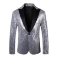 Men's silver sequin blazer with black lapel, dazzling glitter performance suit jacket for stage dancing events. - XS / Tops / Silver
