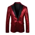 Red sequin blazer featuring classic black lapels and a single-button closure for men. - XS / Tops / Red