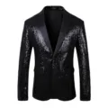 Men's stylish black sequin blazer with satin lapel, ideal for stage performances and parties. - XS / Tops / Black