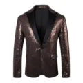 Élégante veste de blazer à sequins pour homme avec revers noir, costume de scène. - XS / Hauts / Café