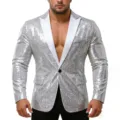 Blazer de lentejuelas plateadas para hombre con solapa blanca chaqueta brillante para fiesta. - Plateado con cuello blanco