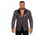 Vista detallada de la chaqueta blazer con lentejuelas coloridas para hombre y fiesta. - Multicolor