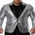 Herren silber Pailletten Sakko mit schwarzem Revers Ein Knopf Blazer für Party Bühne Auftritt - S / Silber