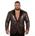 Blazer de lentejuelas marrones para hombre con solapa de satén negro para fiestas. - Café