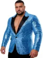Blazer de lentejuelas azules para hombre fiesta clubwear un botón solapa de pico chaqueta escena - Azul cielo