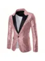 Men's stylish pink sequin blazer with black lapel, perfect for parties and stage shows. - Pink