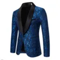 Men's blue jacquard blazer featuring a contrast black shawl lapel and slim fit design. - S / Sapphire Blue