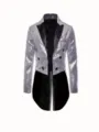 Detailed close-up of sparkling silver sequin men's tailcoat with black satin lapels. - S / Silver