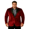 Men velvet blazer detail view, wine red jacket with black lapel, slim fit casual groom wear. - M / Tops / Burgundy