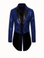 Men royal blue sequin tailcoat jacket for stage performance, party, nightclub and host events. - Dark Blue