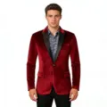 Men red velvet suit jacket detail, premium slim fit winter blazer fabric close up view - S / Burgundy