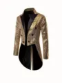 Detailed view of men gold sequin tailcoat stage performance tuxedo jacket with black lapel. - S / Gold