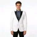 Men's stylish white suit jacket with black lapel, slim fit casual blazer for formal events. - S / White
