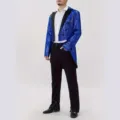 Men's sparkling blue sequin tailcoat jacket stage performance tuxedo host blazer - Dark Blue