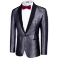 Men's shiny tuxedo jacket slim fit metallic party wedding blazer with shawl lapel - S / Tops / Black