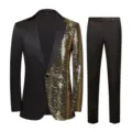 Men's black and gold wave sequin suit jacket and pants set, stylish luxury party blazer. - XS / Top And Bottom / Gold