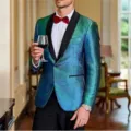 Men's metallic sequin tuxedo jacket with black shawl lapel for party wedding prom wear. - S / Tops / Blue