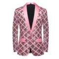 Men pink sequin blazer detail view, diamond lattice pattern with satin shawl lapel. - US Size XS / Tops / Pink