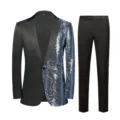 Men's 2-Piece Sequin Suit Blue Wave Blazer Black Trousers Trendy Party Slim Fit Set - XS / Top And Bottom / Silver