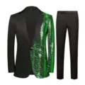 Men's Sequined Suit Set Wave Pattern Green and Black Blazer and Pants Party Outfit - XS / Top And Bottom / Green