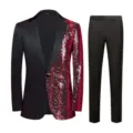 Men's Sequin Suit Set Black Red Wave Pattern Casual Blazer and Matching Trousers 2-Piece - Red