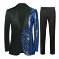 Men's 2-piece sequin suit blazer and trousers set in black and blue wave design fashion. - Blue