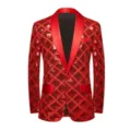 Red sequin men blazer jacket shawl lapel one button diamond pattern party stage wear - US Size XS / Tops / Red