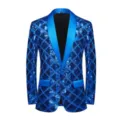Close-up of blue sequin men's blazer detail, showing sparkly diamond grid pattern fabric texture. - US Size XS / Tops / Blue