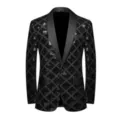 Men's Black Sequin Blazer Jacket Diamond Grid Pattern Shawl Lapel Party Prom Suit - Black
