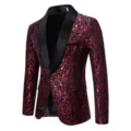 Detailed view of the luxury red and black jacquard men's blazer with black shawl lapel. - S / Red