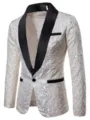 White jacquard suit jacket detail, featuring black shawl lapel and stylish single-button closure. - White
